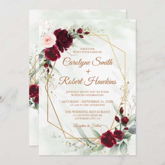 レッド赤面バーガンディ金ゴールド幾何学緑結婚色 招待状 (正面/裏面)