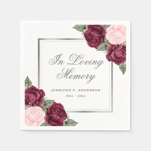 レッド赤面ピンクシルバーフローラ葬儀記念 スタンダードカクテルナプキン (正面)