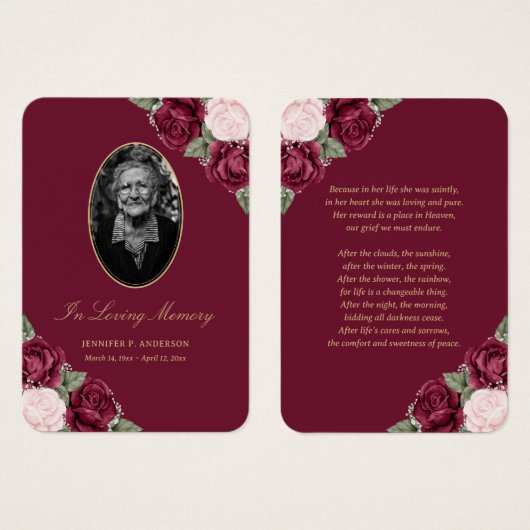 レッド赤面ピンクフローラ葬儀祈りの言葉カード (正面&裏面)