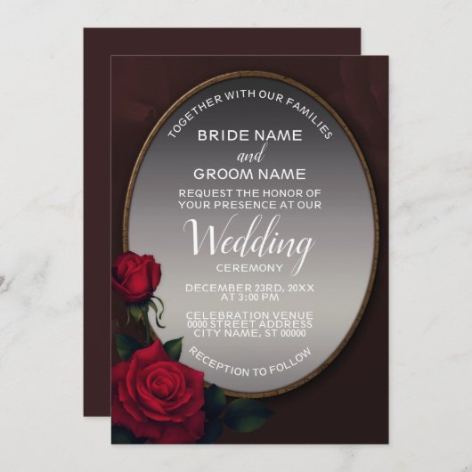 レッド赤面フローラシルバーグレー鏡結婚ズ 招待状 (正面/裏面)