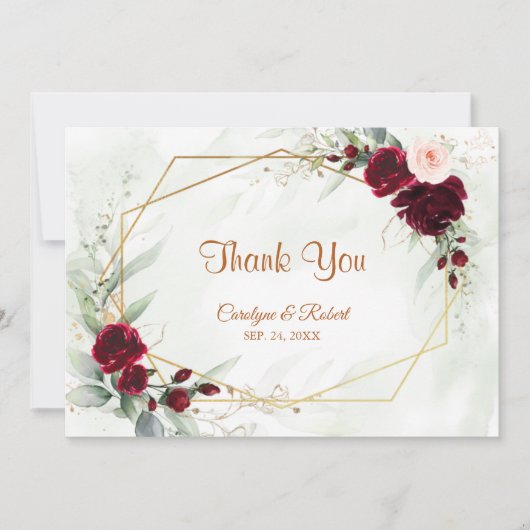 レッド赤面ブルゴーニュ金ゴールド幾何結婚学的緑 サンキューカード (正面)