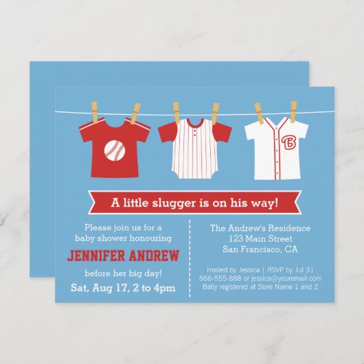 レッド野球男の赤ちゃんシャワーパーティの招待状 招待状 (正面/裏面)
