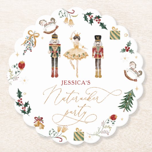 レッド金ゴールドくるみ割りバレリーナ子供の誕生日パーティー ペーパーコースター (正面)