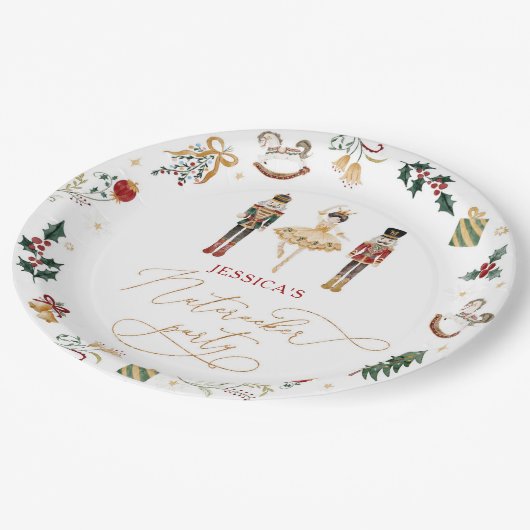 レッド金ゴールドくるみ割りバレリーナ子供の誕生日パーティー ペーパープレート (アングル)