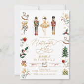 レッド金ゴールドくるみ割りバレリーナ子供の誕生日パーティー 招待状 (正面)