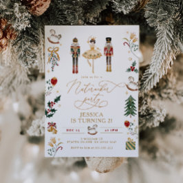 レッド金ゴールドくるみ割りバレリーナ子供の誕生日パーティー 招待状