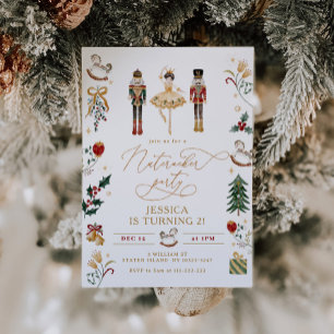 レッド金ゴールドくるみ割りバレリーナ子供の誕生日パーティー 招待状