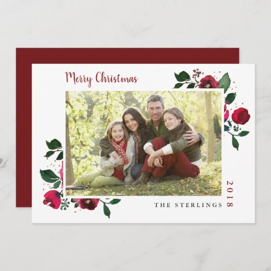 レッド金ゴールドウォーターカラーフローラホリデーカード シーズンカード (正面/裏面)