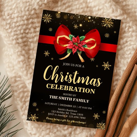 レッド金ゴールドエレガントボーホリデークリスマスパーティー 招待状