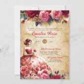 レッド金ゴールドキンセアニェラドレスヴィンテージパーチメントテーマ 招待状 (正面)