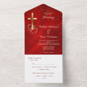 レッド金ゴールドクリスチャンクロス写真テンプレート結婚ズ オールインワン招待状 (内側)