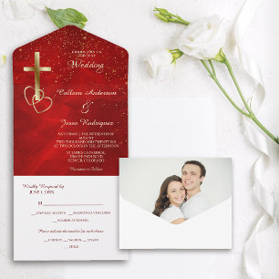 レッド金ゴールドクリスチャンクロス写真テンプレート結婚ズ オールインワン招待状