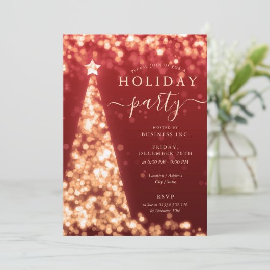 レッド金ゴールドクリスマスツリー会社ホリデーパーティー 招待状 (スタンド正面)