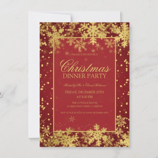 レッド金ゴールドクリスマスディナーパーティー冬の雪片 招待状 (正面)