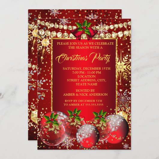 レッド金ゴールドクリスマスホリデーパーティーボーブルズホリー 招待状 (正面/裏面)
