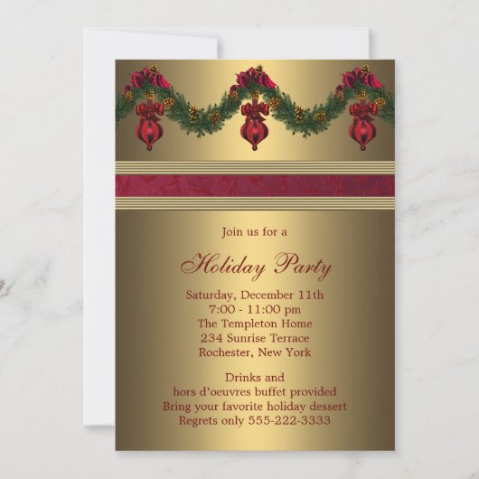 レッド金ゴールドクリスマスホリデーパーティー 招待状 (正面)