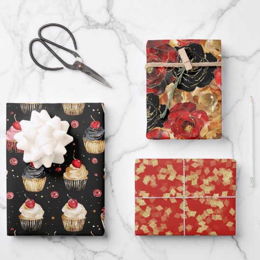 レッド金ゴールドグラムカップケーキフラワーズ誕生日 ラッピングペーパーシート (正面)