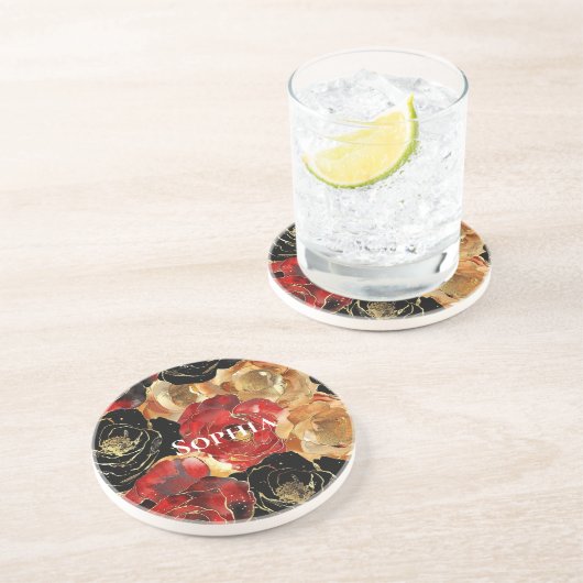 レッド金ゴールドグラムフラワーズ誕生日 コースター (側面)