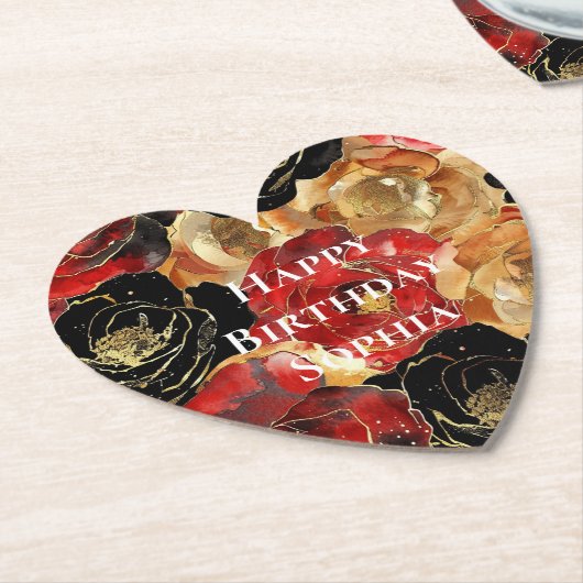 レッド金ゴールドグラムフラワーズ誕生日 ペーパーコースター (アングル)