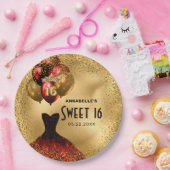 レッド金ゴールドグリッタースウィート16 ペーパープレート (パーティー)