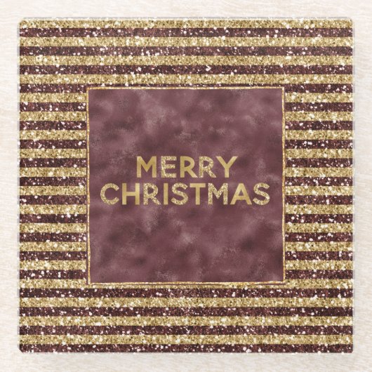 レッド金ゴールドグリッタースパークルストライプクリスマス ガラスコースター (正面)