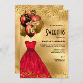 レッド金ゴールドグリッターティアラドレススウィート16誕生日 招待状 (正面/裏面)