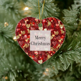 レッド金ゴールドグリッターハートクリスマス セラミックオーナメント