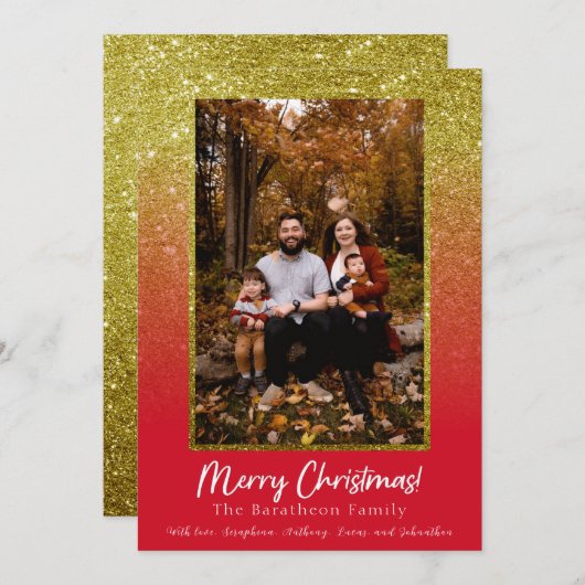 レッド金ゴールドグリッターパーソナライズされたファミリークリスマス シーズンカード (正面/裏面)