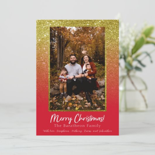 レッド金ゴールドグリッターパーソナライズされたファミリークリスマス シーズンカード (スタンド正面)