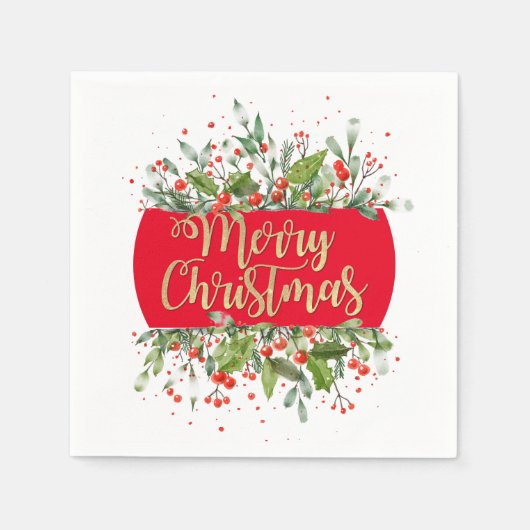 レッド金ゴールドグリッターメリークリスマスホリー紙プレート スタンダードカクテルナプキン (正面)