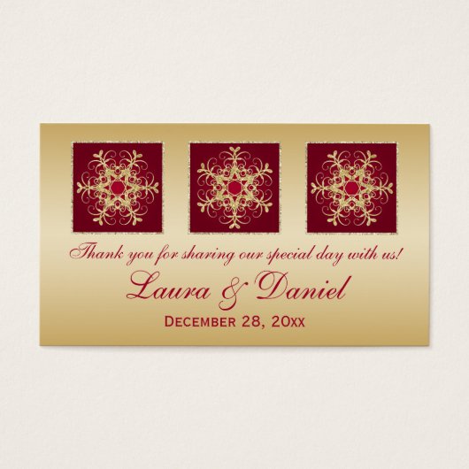 レッド金ゴールドグリッタールックスノーフレーク結婚式の引き出物ラベル (正面)
