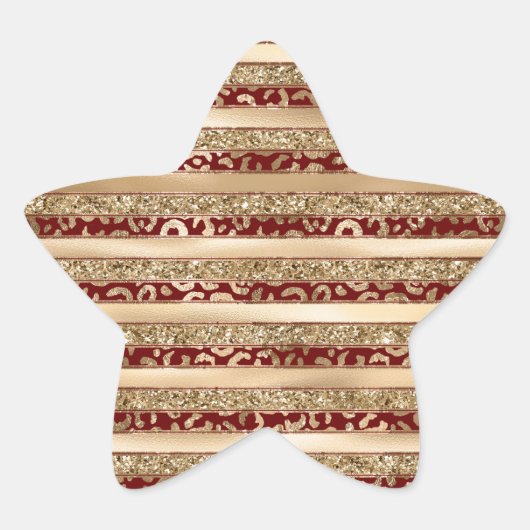 レッド金ゴールドグリッターレオパード印刷ストライプ 星シール (正面)