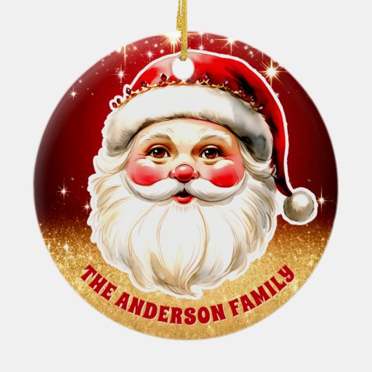 レッド金ゴールドグリッターレトロサンタクロースクリスマス セラミックオーナメント (裏面)