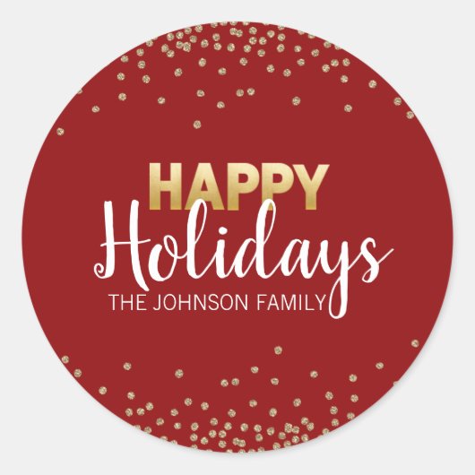 レッド金ゴールドグリッター紙吹雪クリスマスハッピーホリデー ラウンドシール (正面)
