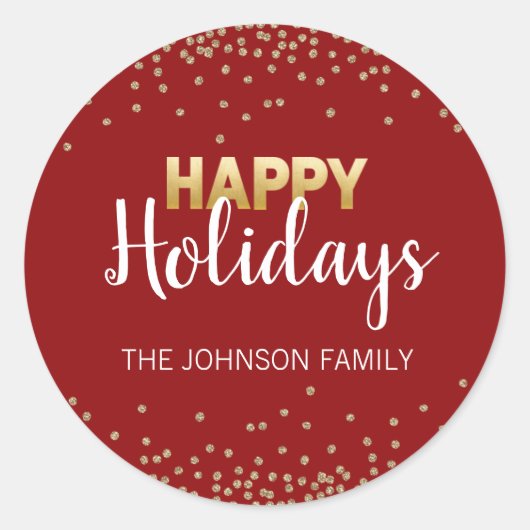 レッド金ゴールドグリッター紙吹雪クリスマスハッピーホリデー ラウンドシール (正面)