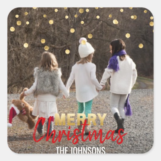 レッド金ゴールドグリッター紙吹雪メリークリスマス |写真 スクエアシール (正面)