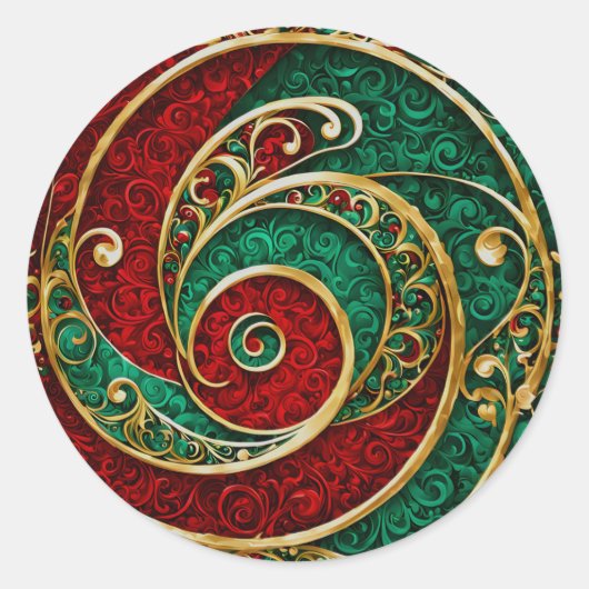 レッド金ゴールドグリーンクリスマスホリデーステッカー ラウンドシール (正面)