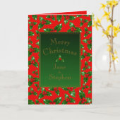 レッド金ゴールドグリーンホリーベリーパターンパーソナライズされた- カード (黄色い花)