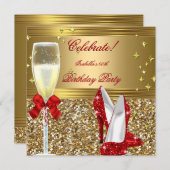 レッド金ゴールドシャンパンヒールズバースデーパーティー 招待状 (正面/裏面)