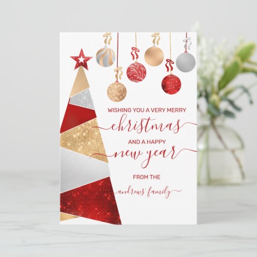 レッド金ゴールドシルバーグリッターツリーオーナメントクリスマス シーズンカード (スタンド正面)