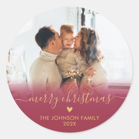 レッド金ゴールドスクリプトファミリーフォトメリークリスマスCl ラウンドシール (正面)