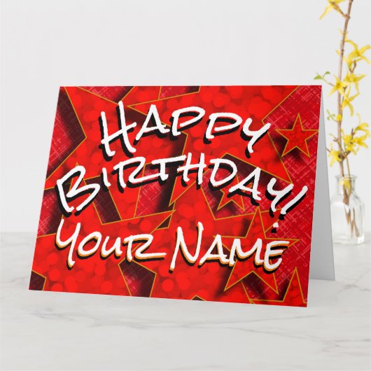 レッド金ゴールドスターズユアネームハッピーバースデーカード カード (黄色い花)