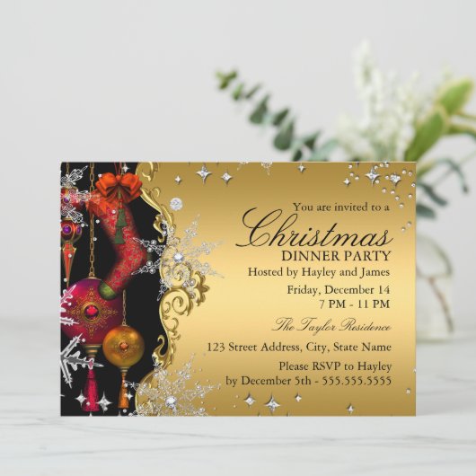 レッド金ゴールドスノーフレーククリスマスディナーパーティー4a 招待状 (スタンド正面)