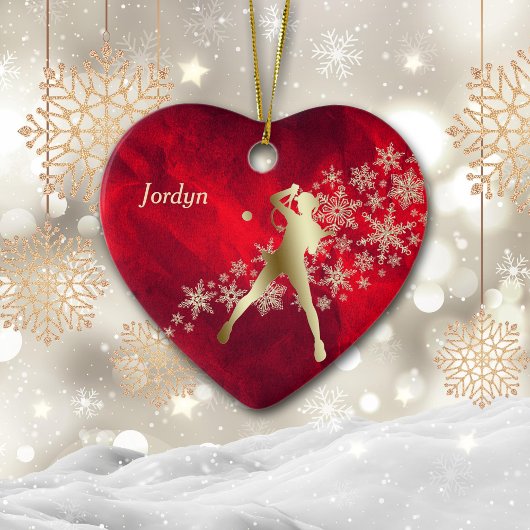 レッド金ゴールドスノーフレークテニス選手 セラミックオーナメント