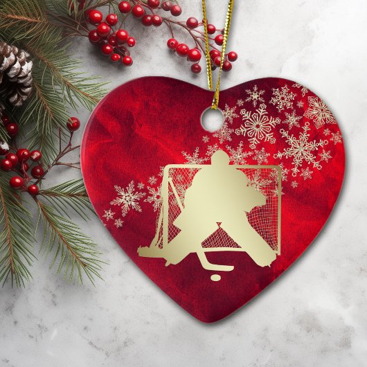 レッド金ゴールドスノーフレークホッケーゴアリーパーソナライズされた セラミックオーナメント