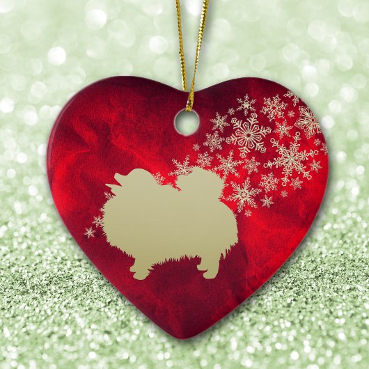 レッド金ゴールドスノーフレークポメラニア犬 セラミックオーナメント