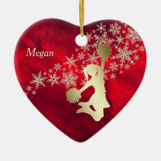 レッド金ゴールドスノーフレーク・チアリーパーソナライズされたダー セラミックオーナメント (正面)