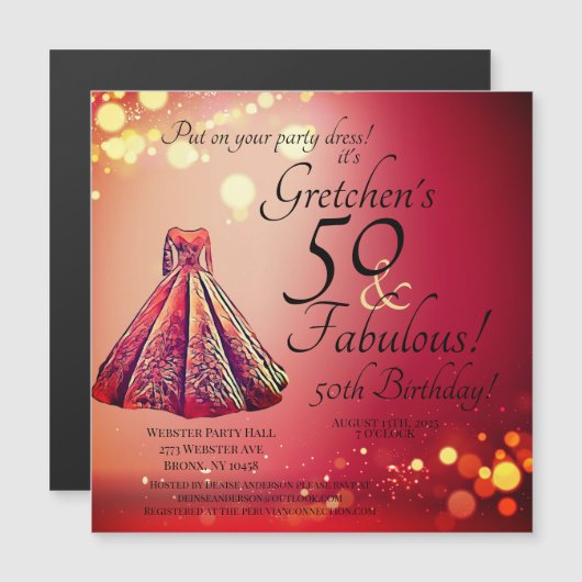 レッド金ゴールドスパークル50と素晴らしい50誕生日 マグネット招待状 (正面/裏面)