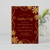 レッド金ゴールドスワールスノーフレーククリスマスパーティー 箔招待状 (立ち正面)