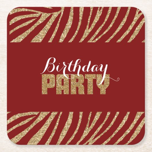 レッド金ゴールドゼブラプリントフェイクグリッター誕生日 スクエアペーパーコースター (正面)